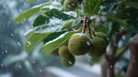 First snow falling gently on Jackfruit, a few snowflakes drifting slowly and settling on the leaves; fresh air.の写真素材