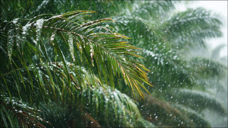 First snow falling gently on Oil palm, a few snowflakes drifting slowly and settling on the leaves; fresh air.の写真素材