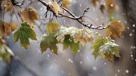 First snow falling gently on Sycamore maple, a few snowflakes drifting slowly and settling on the leaves; fresh air.の写真素材