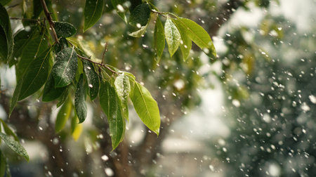 First snow falling gently on Nutmeg tree, a few snowflakes drifting slowly and settling on the leaves; fresh air.の写真素材