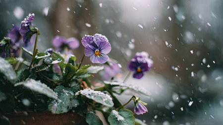 First snow falling gently on Pansy, a few snowflakes drifting slowly and settling on the leaves; fresh air.の写真素材
