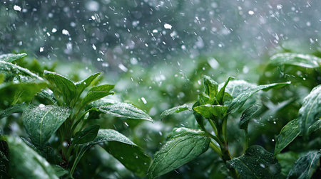 First snow falling gently on Water spinach, a few snowflakes drifting slowly and settling on the leaves; fresh air.の写真素材