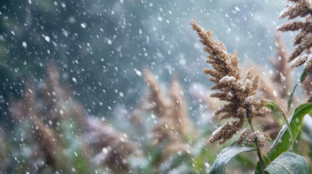 First snow falling gently on Pearl millet, a few snowflakes drifting slowly and settling on the leaves; fresh air.の写真素材
