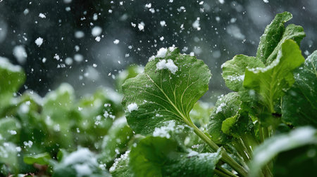 First snow falling gently on Radish, a few snowflakes drifting slowly and settling on the leaves;...