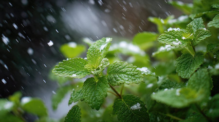 First snow falling gently on Lemon balm, a few snowflakes drifting slowly and settling on the...
