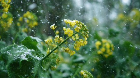 First snow falling gently on Rapeseed, a few snowflakes drifting slowly and settling on the leaves;...