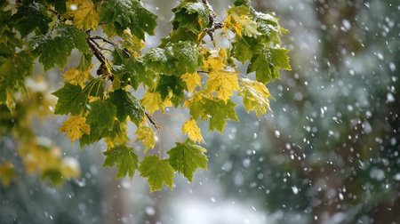 First snow falling gently on Norway maple, a few snowflakes drifting slowly and settling on the leaves; fresh air.の写真素材