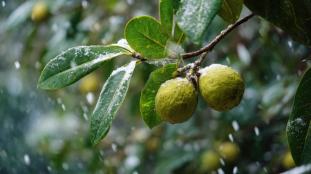 First snow falling gently on Sapote, a few snowflakes drifting slowly and settling on the leaves;...