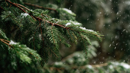 First snow falling gently on Silver fir, a few snowflakes drifting slowly and settling on the...