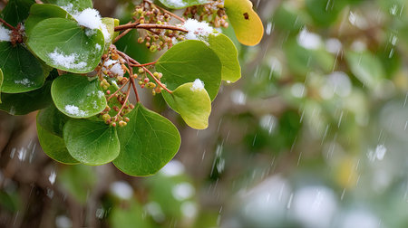 First snow falling gently on Sea grapes, a few snowflakes drifting slowly and settling on the leaves; fresh air.の写真素材