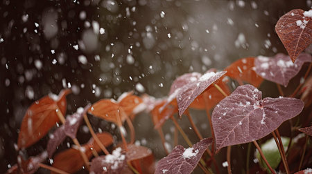 First snow falling gently on Sweet potato, a few snowflakes drifting slowly and settling on the...