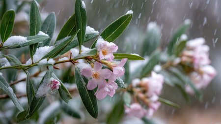 First snow falling gently on Oleander, a few snowflakes drifting slowly and settling on the leaves; fresh air.の写真素材