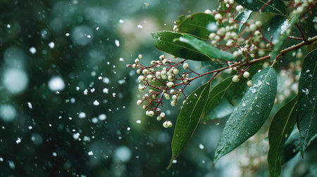 First snow falling gently on Sichuan pepper, a few snowflakes drifting slowly and settling on the...