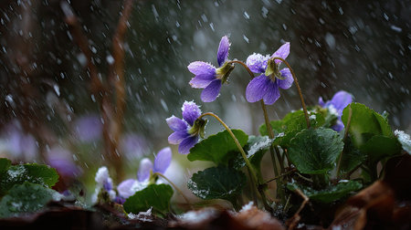 First snow falling gently on Viola, a few snowflakes drifting slowly and settling on the leaves;...