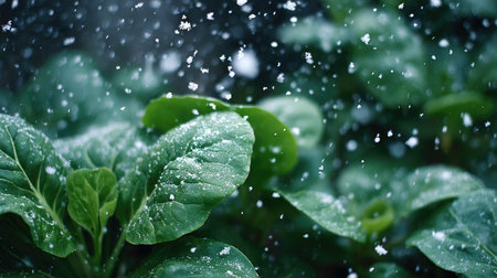First snow falling gently on Tatsoi, a few snowflakes drifting slowly and settling on the leaves;...
