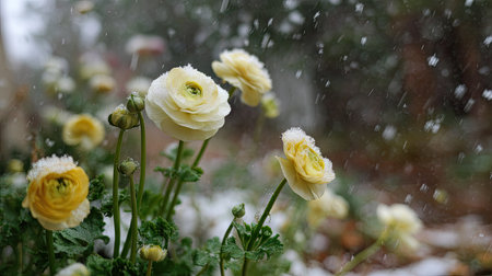 First snow falling gently on Ranunculus, a few snowflakes drifting slowly and settling on the leaves; fresh air.の写真素材