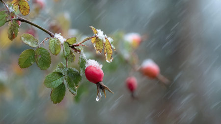 First snow falling gently on Rose hip, a few snowflakes drifting slowly and settling on the leaves; fresh air.の写真素材