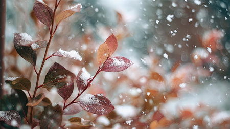 First snow falling gently on Russelia, a few snowflakes drifting slowly and settling on the leaves; fresh air.の写真素材