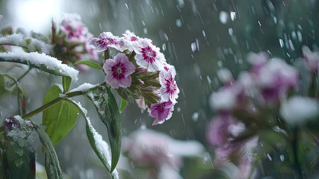 First snow falling gently on Sweet William, a few snowflakes drifting slowly and settling on the...