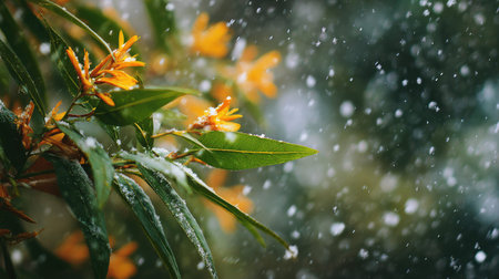 First snow falling gently, a few snowflakes drifting slowly and settling on the leaves; fresh air.