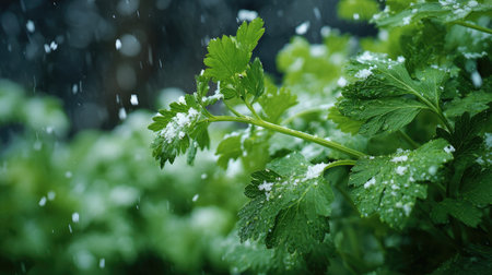 First snow falling gently on Celery, a few snowflakes drifting slowly and settling on the leaves;...