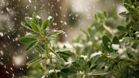 First snow falling gently on Fenugreek, a few snowflakes drifting slowly and settling on the leaves;...
