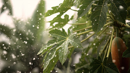 First snow falling gently on Papaya, a few snowflakes drifting slowly and settling on the leaves; fresh air.の写真素材