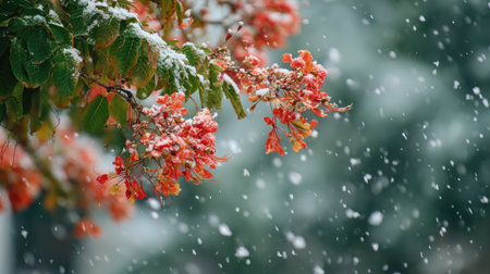 First snow falling gently on Flame tree, a few snowflakes drifting slowly and settling on the leaves; fresh air.の写真素材