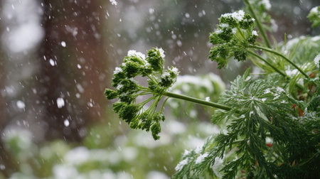 First snow falling gently on Asparagus, a few snowflakes drifting slowly and settling on the leaves;...