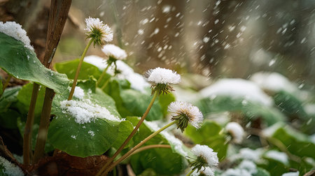 First snow falling gently on Coltsfoot, a few snowflakes drifting slowly and settling on the leaves;...