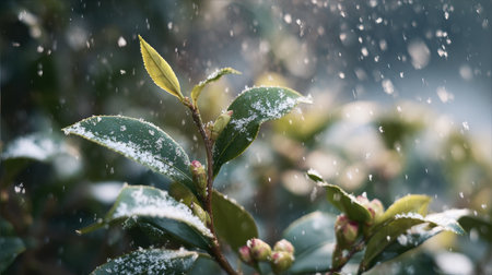 First snow falling gently on Camellia sinensis, a few snowflakes drifting slowly and settling on the leaves; fresh air.の写真素材