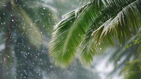 First snow falling gently on Coconut palm, a few snowflakes drifting slowly and settling on the leaves; fresh air.の写真素材