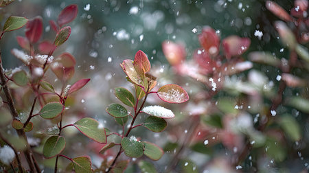 First snow falling gently on Barberry, a few snowflakes drifting slowly and settling on the leaves; fresh air.の写真素材