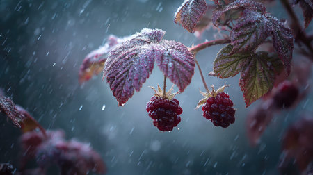 First snow falling gently on Boysenberry, a few snowflakes drifting slowly and settling on the...