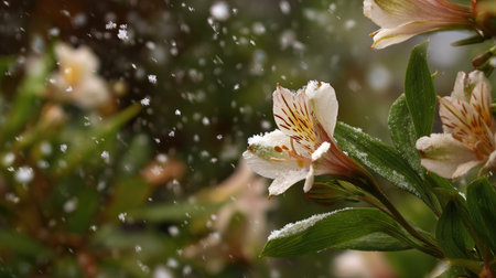 First snow falling gently on Alstroemeria, a few snowflakes drifting slowly and settling on the...