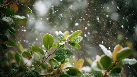 First snow falling gently, a few snowflakes drifting slowly and settling on the leaves; fresh air.の写真素材