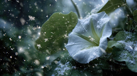 First snow falling gently on Moonflower, a few snowflakes drifting slowly and settling on the leaves; fresh air.の写真素材