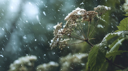 First snow falling gently on Angelica, a few snowflakes drifting slowly and settling on the leaves;...