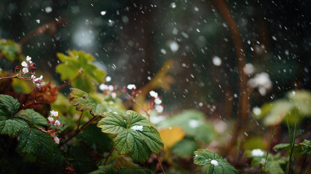 First snow falling gently on Cloudberry, a few snowflakes drifting slowly and settling on the...
