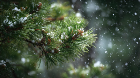 First snow falling gently on Eastern white pine, a few snowflakes drifting slowly and settling on the leaves; fresh air.の写真素材