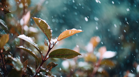 First snow falling gently on Cinchona, a few snowflakes drifting slowly and settling on the leaves; fresh air.の写真素材