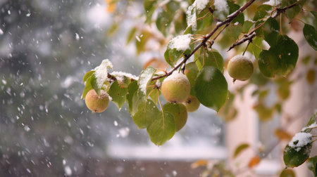 First snow falling gently on Pear, a few snowflakes drifting slowly and settling on the leaves; fresh air.の写真素材