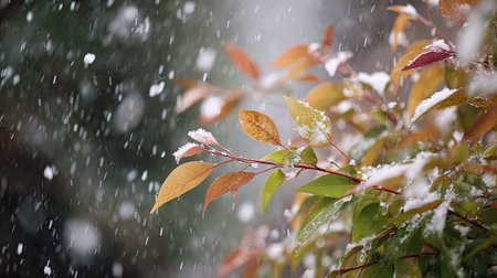 First snow falling gently on a plant, a few snowflakes drifting slowly and settling on the leaves;...