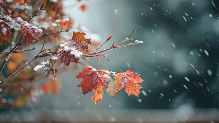 First snow falling gently on Maple, a few snowflakes drifting slowly and settling on the leaves; fresh air.の写真素材