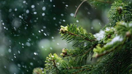 First snow falling gently on Spruce, a few snowflakes drifting slowly and settling on the leaves; fresh air.の写真素材