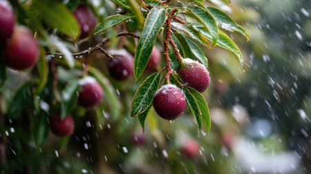 First snow falling gently on Mangosteen, a few snowflakes drifting slowly and settling on the...