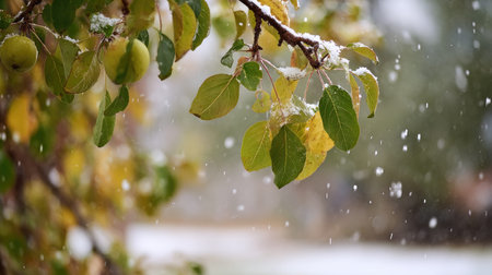 First snow falling gently on a tree, a few snowflakes drifting slowly and settling on the leaves;...