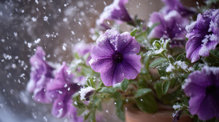 First snow falling gently on Petunia, a few snowflakes drifting slowly and settling on the leaves; fresh air.の写真素材