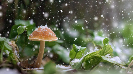 First snow falling gently on Straw mushroom, a few snowflakes drifting slowly and settling on the...