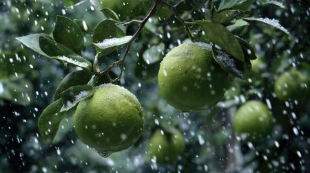 First snow falling gently on Pomelo, a few snowflakes drifting slowly and settling on the leaves; fresh air.の写真素材
